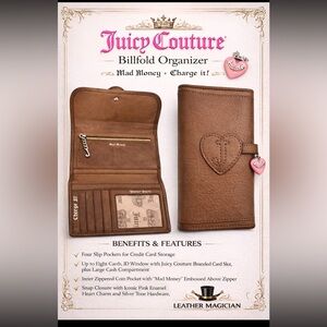 Juicy Couture Tan Billfold Organizer with Heart Charm - Y2K